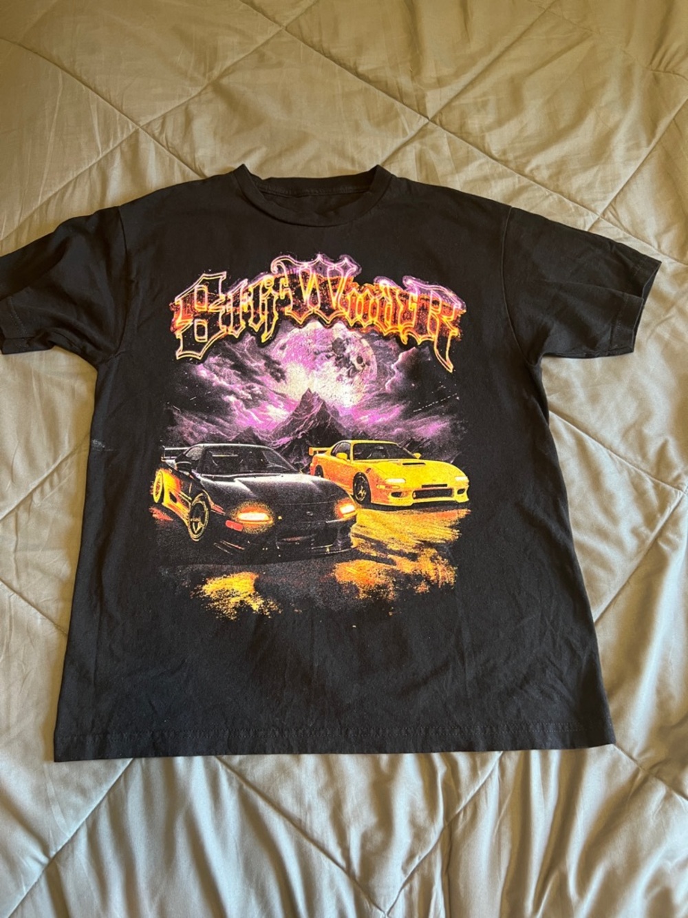 Black Graphic Short Sleeve Tee with Yellow & Purple Car Design